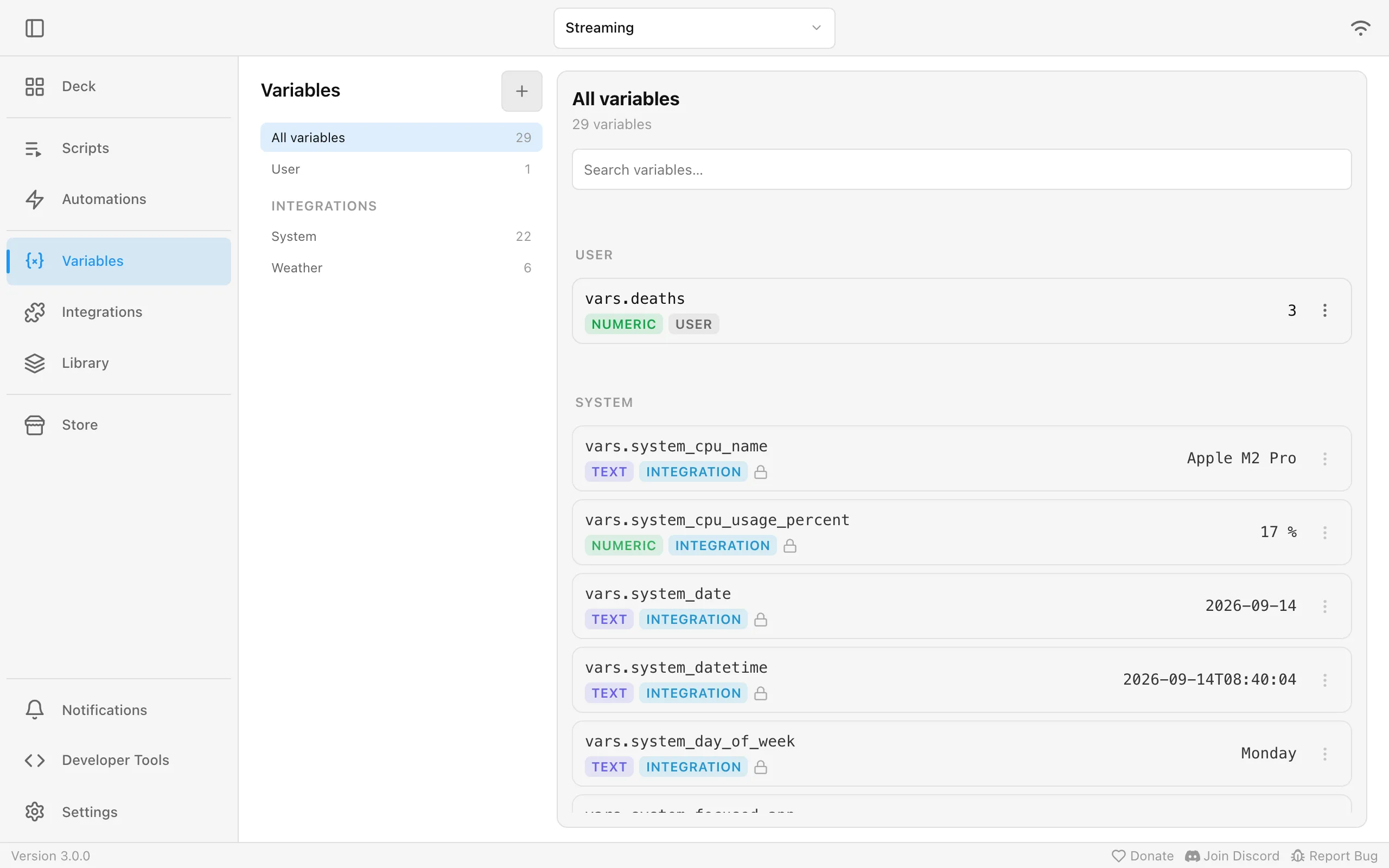 The Variables page with the user variable deaths and system variables