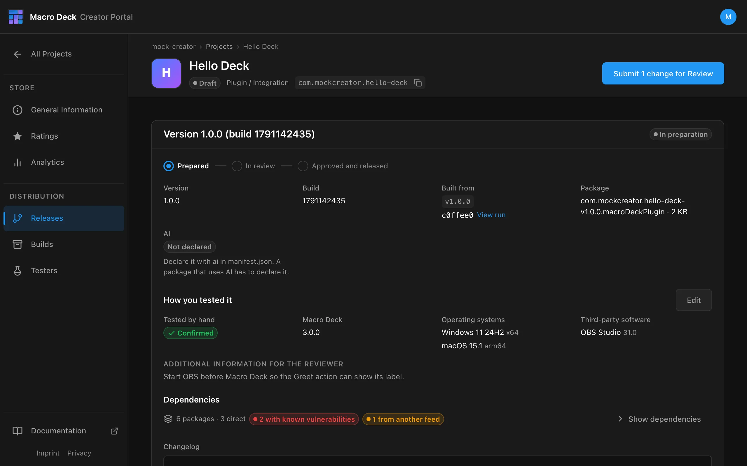 Version 1.0.0 in preparation with how it was tested, dependencies and the changelog