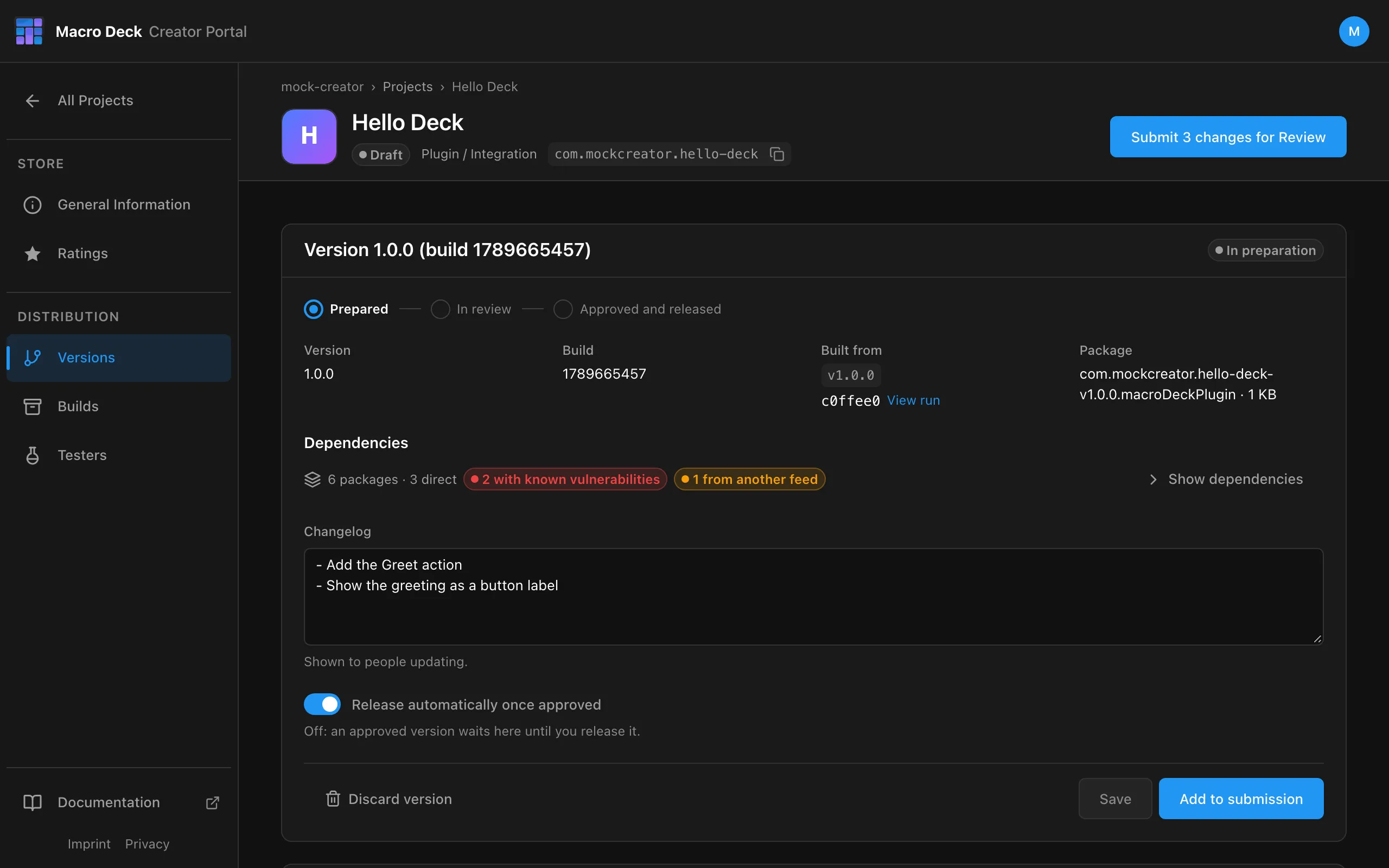 Version 1.0.0 in preparation with dependencies, changelog and Add to submission