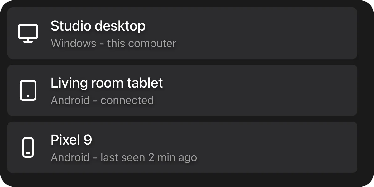 A device picker dialog: a list of three button rows, each with a device icon, a name and a grey status line