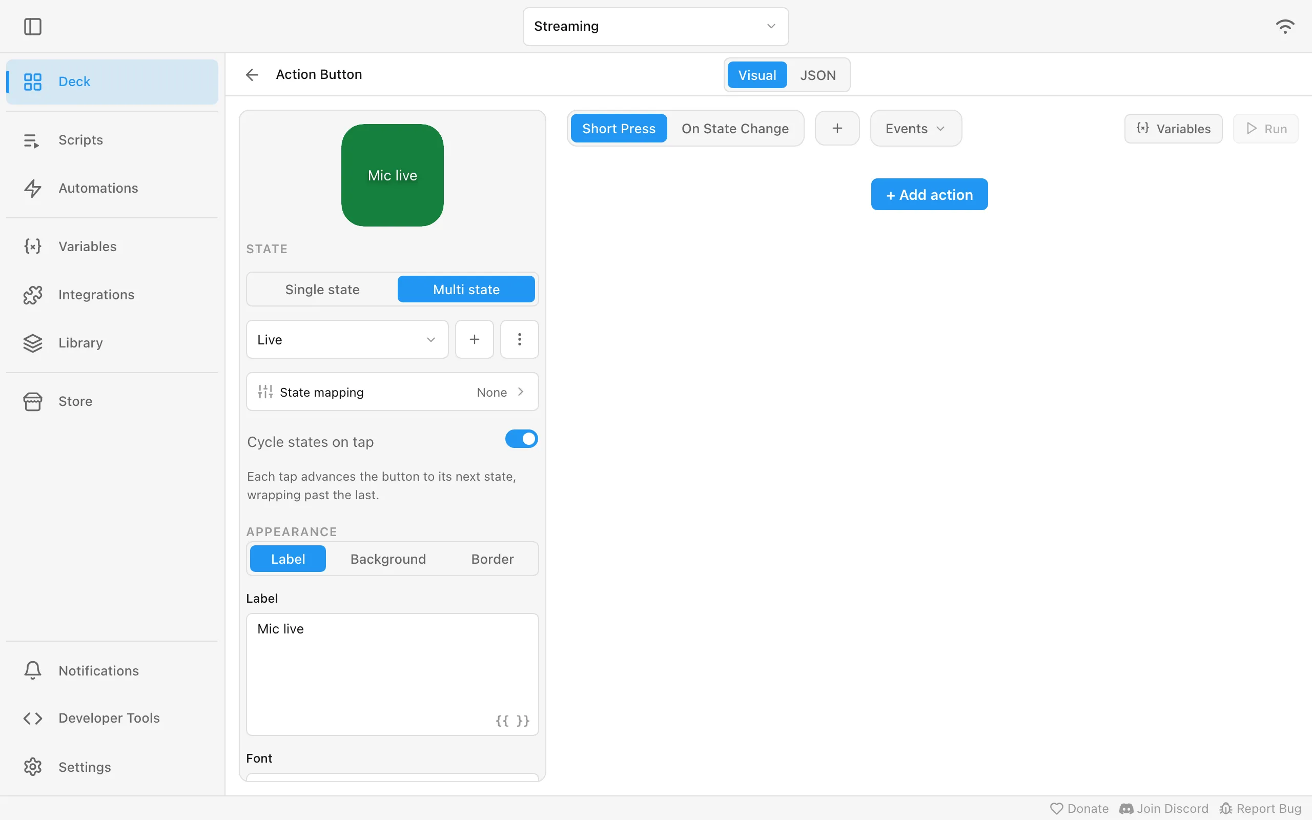 The widget editor of the Mic button: Multi state with the states Live and Muted