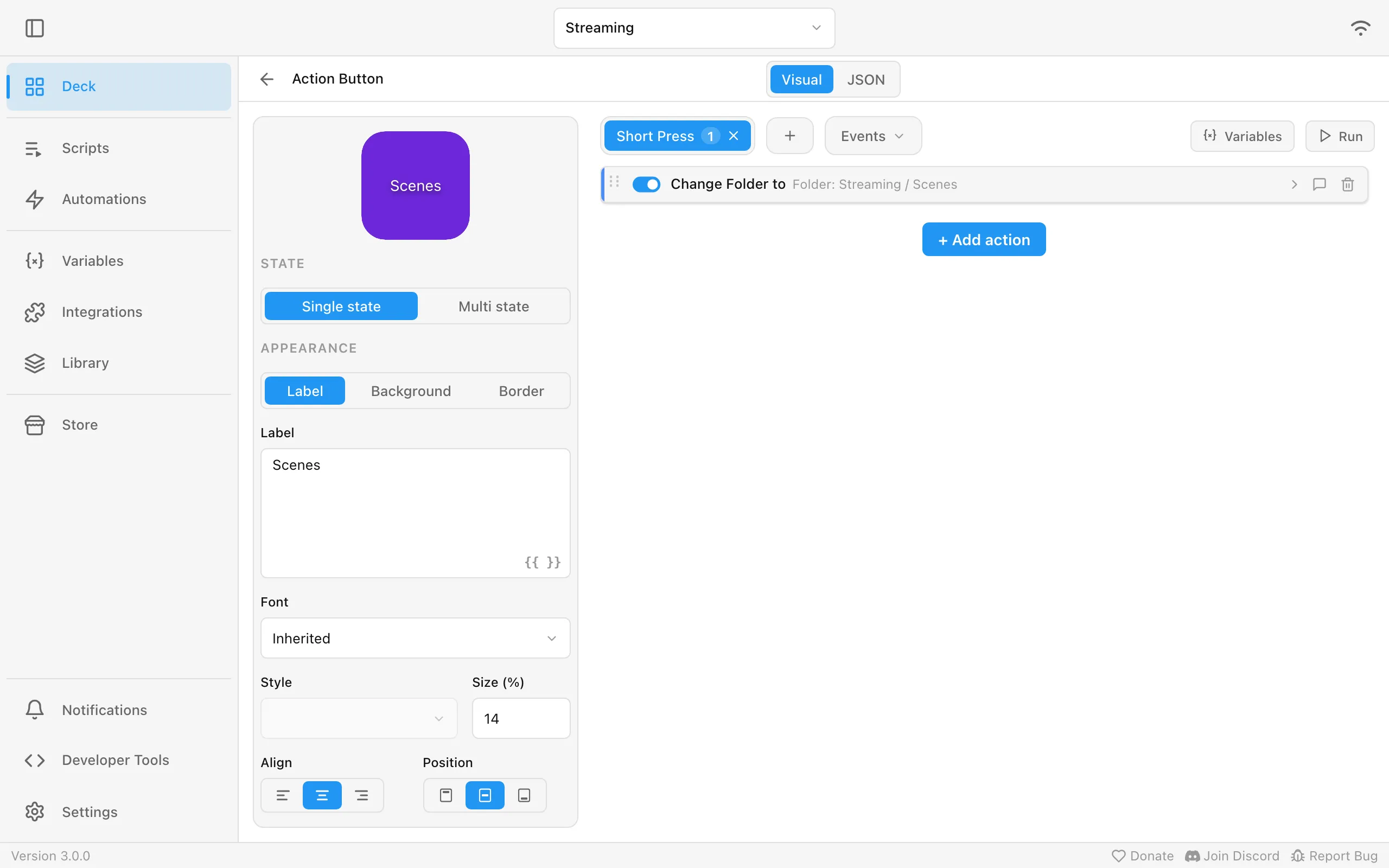The widget editor of the Scenes button: a Short Press trigger with a Change Folder to action